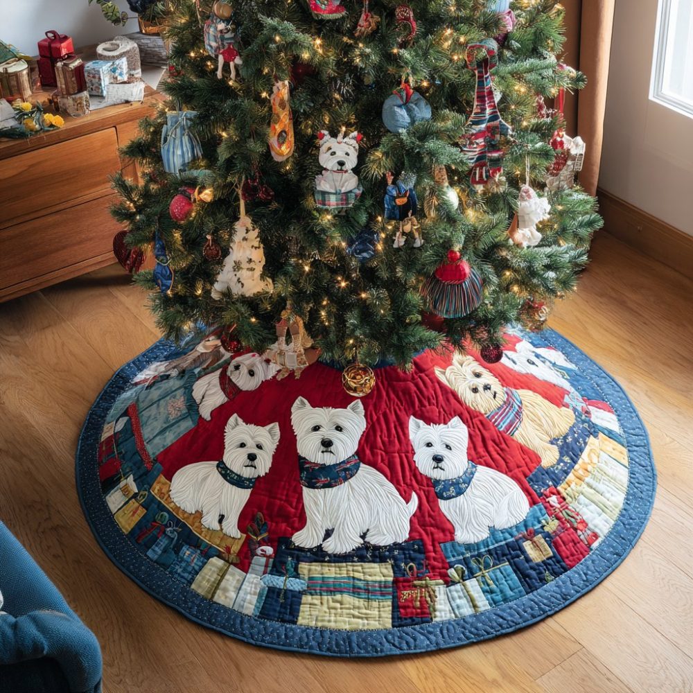 Westie Holiday Tree Skirt - Lovely West Highland Terrier Design, Custom Handcrafted Christmas Tree Skirt, Cozy Fabric, Made To Order