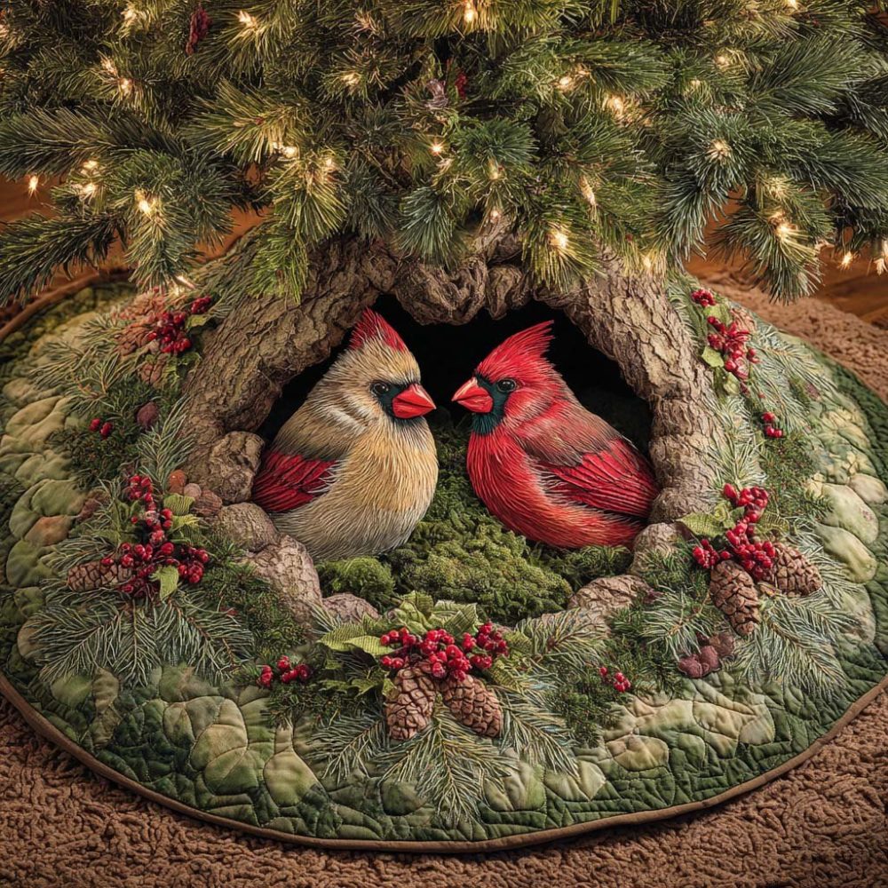 Lovers In The Snow Christmas Tree Skirt — Romantic Snowy Couple Holiday Tree Skirt, Handcrafted & Customizable, Made-To-Order