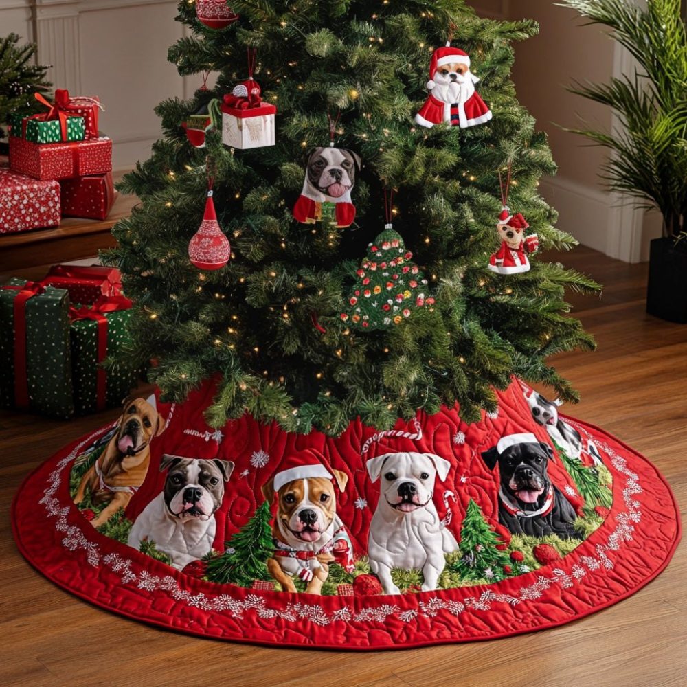 Pitbull Companions Holiday Tree Skirt - Custom Loving Dog Design, Handmade Christmas Tree Skirt, Durable, Made To Order