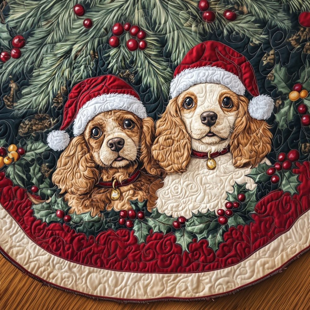 Loving Spaniel Holiday Tree Skirt - Custom Dog-Themed Christmas Skirt, Soft Wool Blend, Handcrafted To Order For Pet Lovers