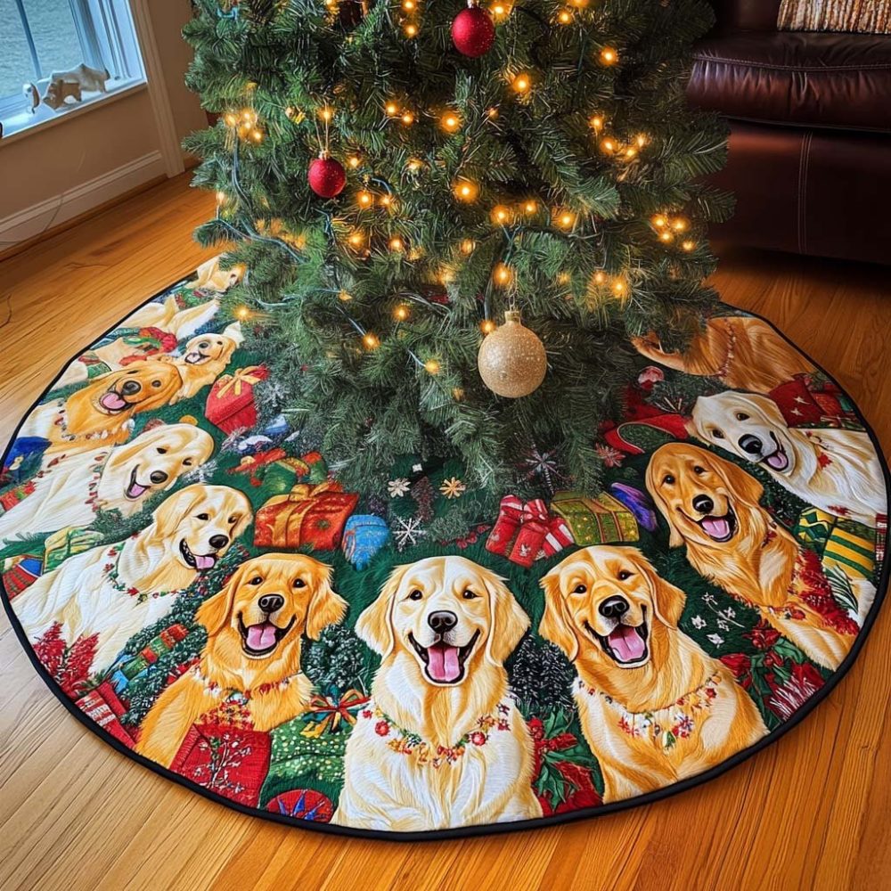 Ivory Golden Retriever Tree Skirt With Festive Baubles - Custom Handmade Holiday Tree Skirt, Soft Velvet, Made To Order