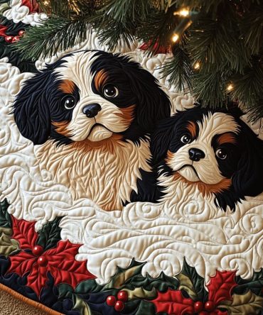 Poinsettia Cavalier Puppy Tree Skirt - Custom Holiday Tree Skirt With Floral Dog Design, Velvet Finish, Made To Order