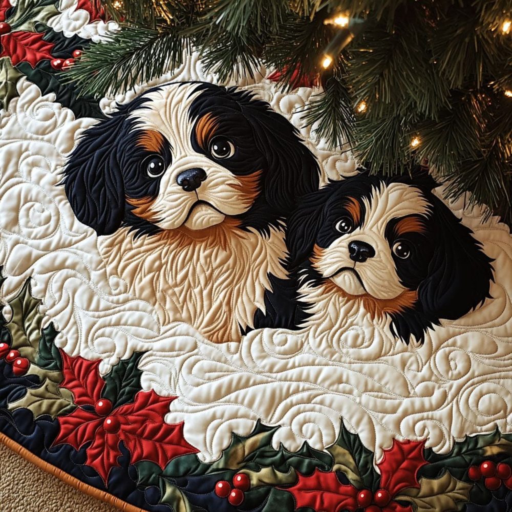 Poinsettia Cavalier Puppy Tree Skirt - Custom Holiday Tree Skirt With Floral Dog Design, Velvet Finish, Made To Order