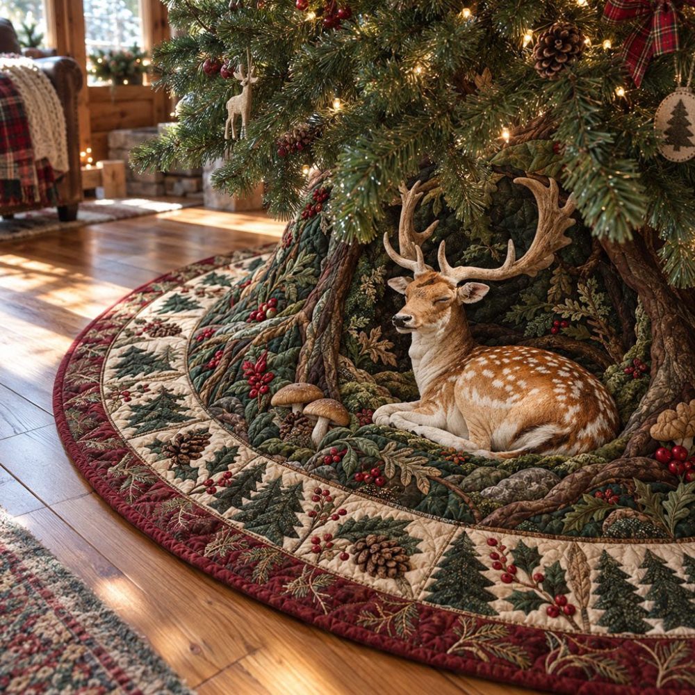 Magic In The Tree Hollow — Handcrafted Christmas Tree Skirt, Enchanted Forest Design With Metallic Thread Accents