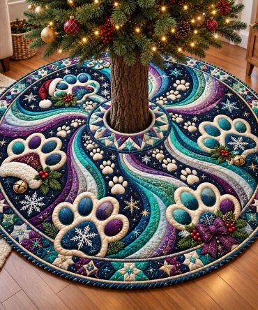 Magical Winter Paws Christmas Tree Skirt - Custom Pet-Themed Holiday Linen, Soft Plush Backing & Personalized Name Option