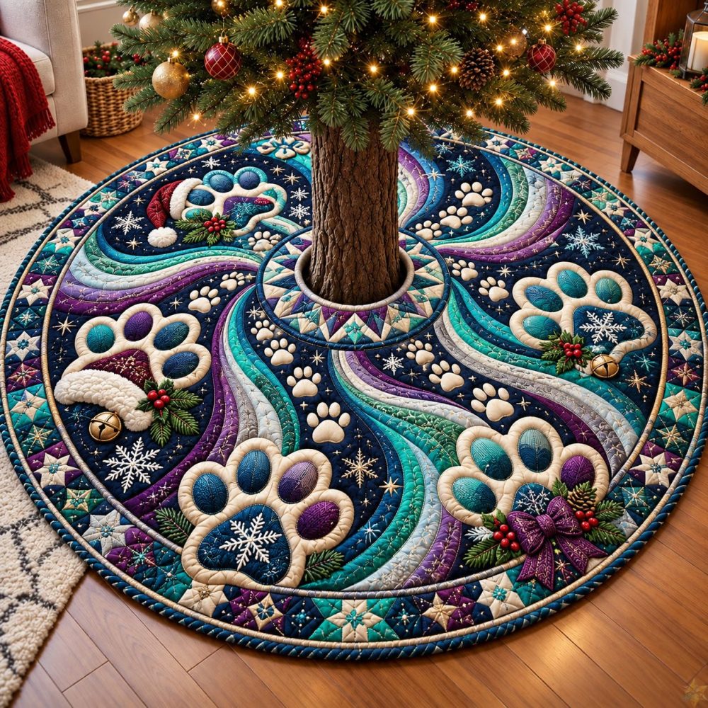 Magical Winter Paws Christmas Tree Skirt - Custom Pet-Themed Holiday Linen, Soft Plush Backing & Personalized Name Option