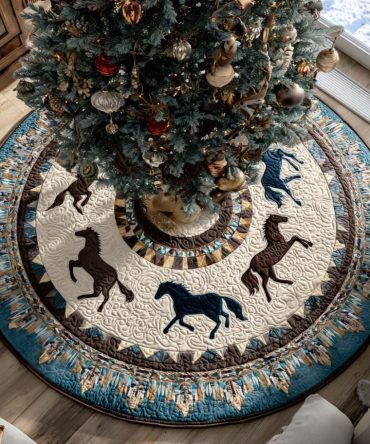 Majestic Gallop Equestrian Tree Skirt — Dynamic Galloping Horse Holiday Mat, Heavyweight Felt, Custom Sizing, Made-To-Order Unique Decor