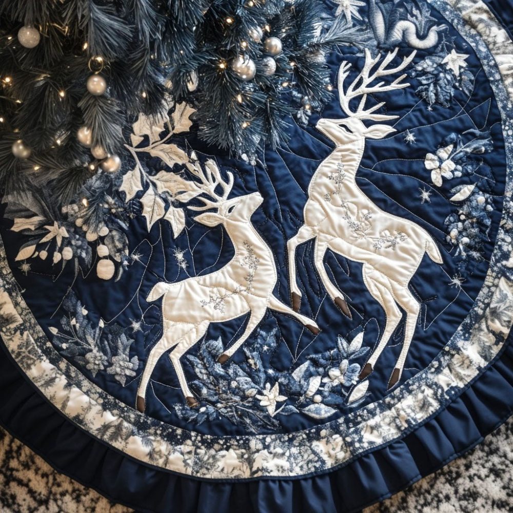 Majestic Reindeer Gala Luxury Tree Skirt — Regal Reindeer Motif In Plush Velvet With Gold Trim, Custom Sizes, Made-To-Order Holiday Centerpiece