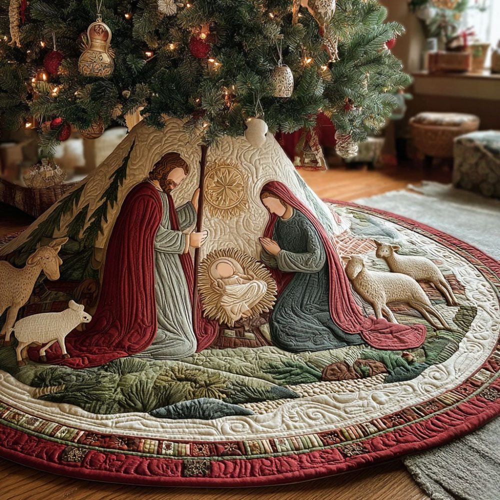 Manger Glory Elegant Nativity Tree Skirt — Traditional Glory Scene On Velvet With Metallic Thread, Personalized, Made-To-Order Christmas Heirloom