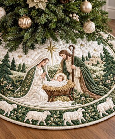 Manger Glow Nativity Christmas Tree Skirt - Made-To-Order Sacred Holiday Skirt With Handcrafted Nativity Scene & Gold Accents