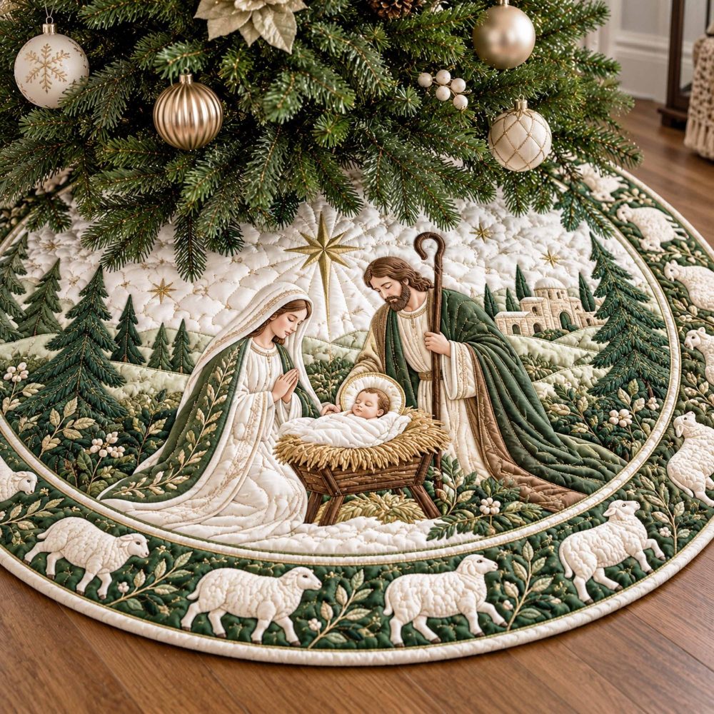 Manger Glow Nativity Christmas Tree Skirt - Made-To-Order Sacred Holiday Skirt With Handcrafted Nativity Scene & Gold Accents