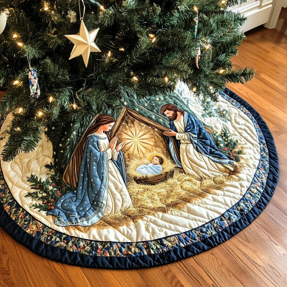 Manger Joy Celebration Tree Skirt — Joyful Nativity Scene Holiday Mat, Embroidered Details, Personalized Size Options, Made-To-Order Heirloom
