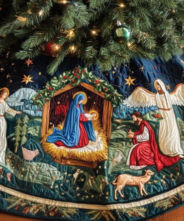 Manger Light Nativity Tree Skirt — Handcrafted Religious Christmas Skirt, Soft Felt With Gold Embroidery, Made-To-Order Keepsake Gift