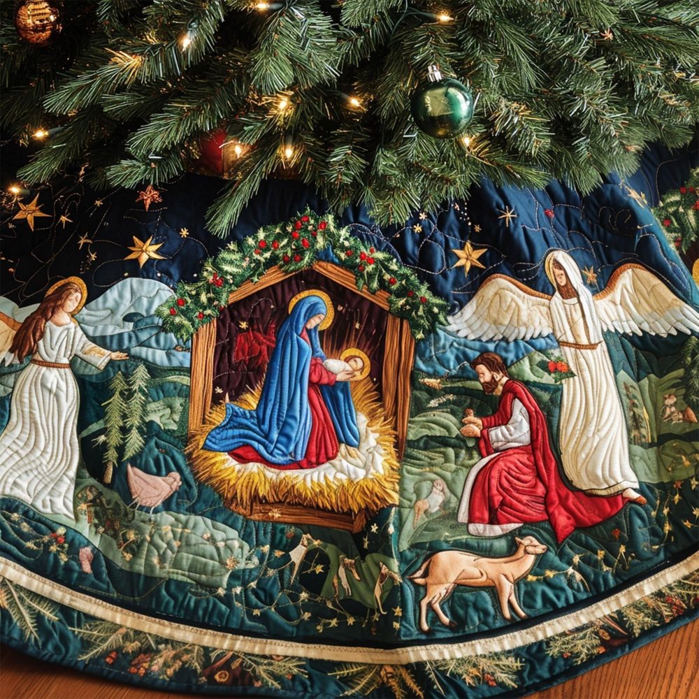 Manger Light Nativity Tree Skirt — Handcrafted Religious Christmas Skirt, Soft Felt With Gold Embroidery, Made-To-Order Keepsake Gift