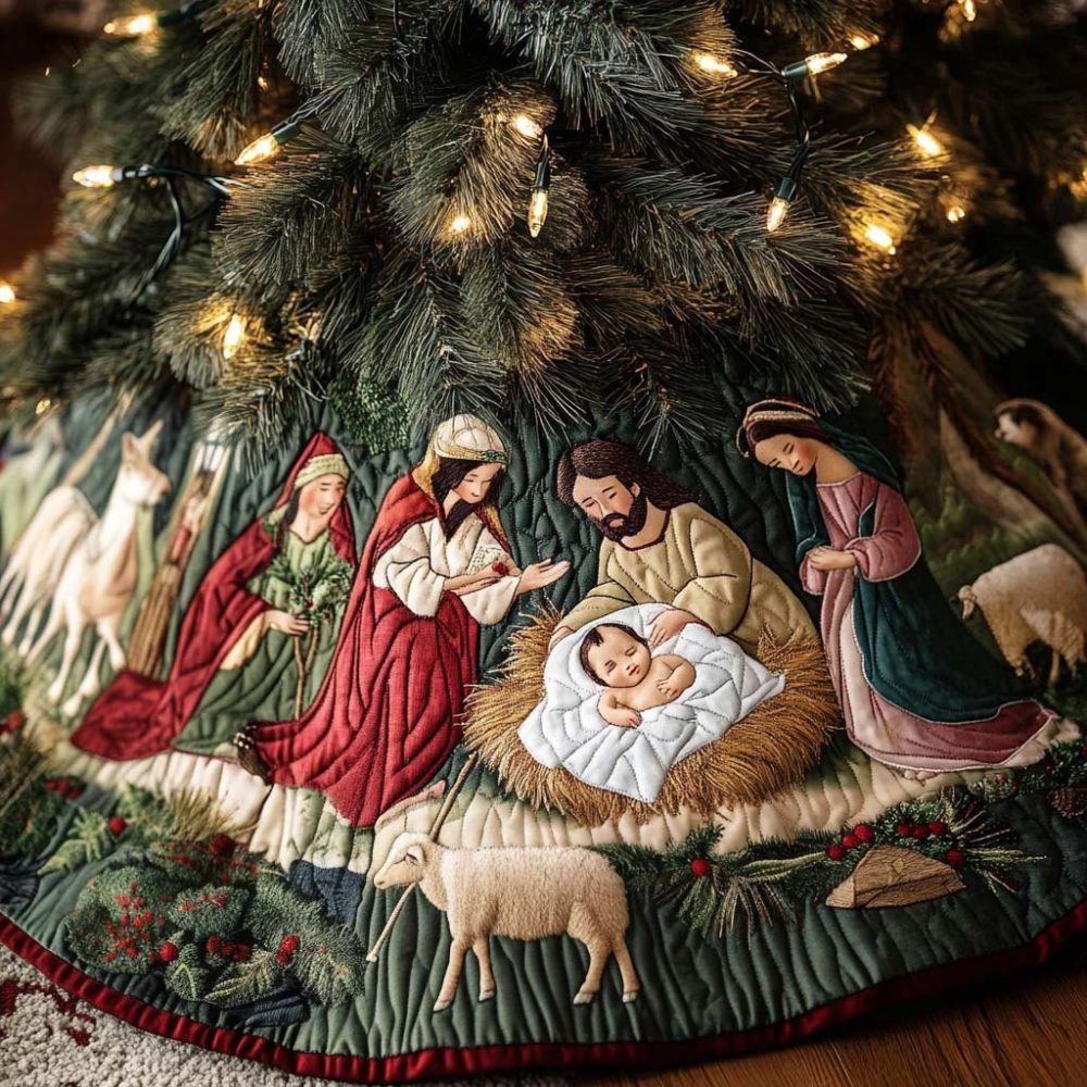 Manger Of The Meadow Rustic Nativity Tree Skirt — Farmhouse Meadow Artwork On Premium Felt, Custom Sizes, Made-To-Order Christmas Decor