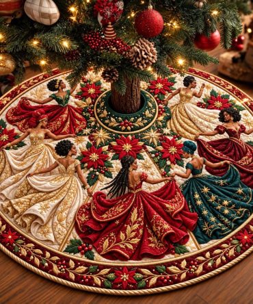 Ballroom Gowns Melanin Queens Tree Skirt — Custom Elegant Handmade Christmas Tree Base Cover, Glamorous Diverse Holiday Décor