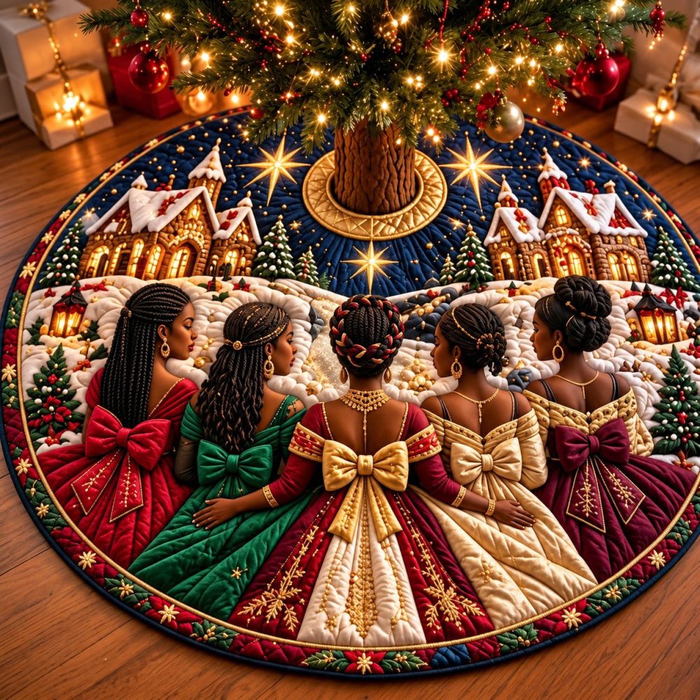 Christmas Village Melanin Queens Tree Skirt — Custom Handmade Festive Village Scene Tree Base Cover, Inclusive Holiday Décor, Made-To-Order