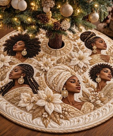 Cream Poinsettia Melanin Queens Tree Skirt — Custom Handmade Christmas Tree Base Cover, Elegant Diverse Holiday Décor, Made-To-Order