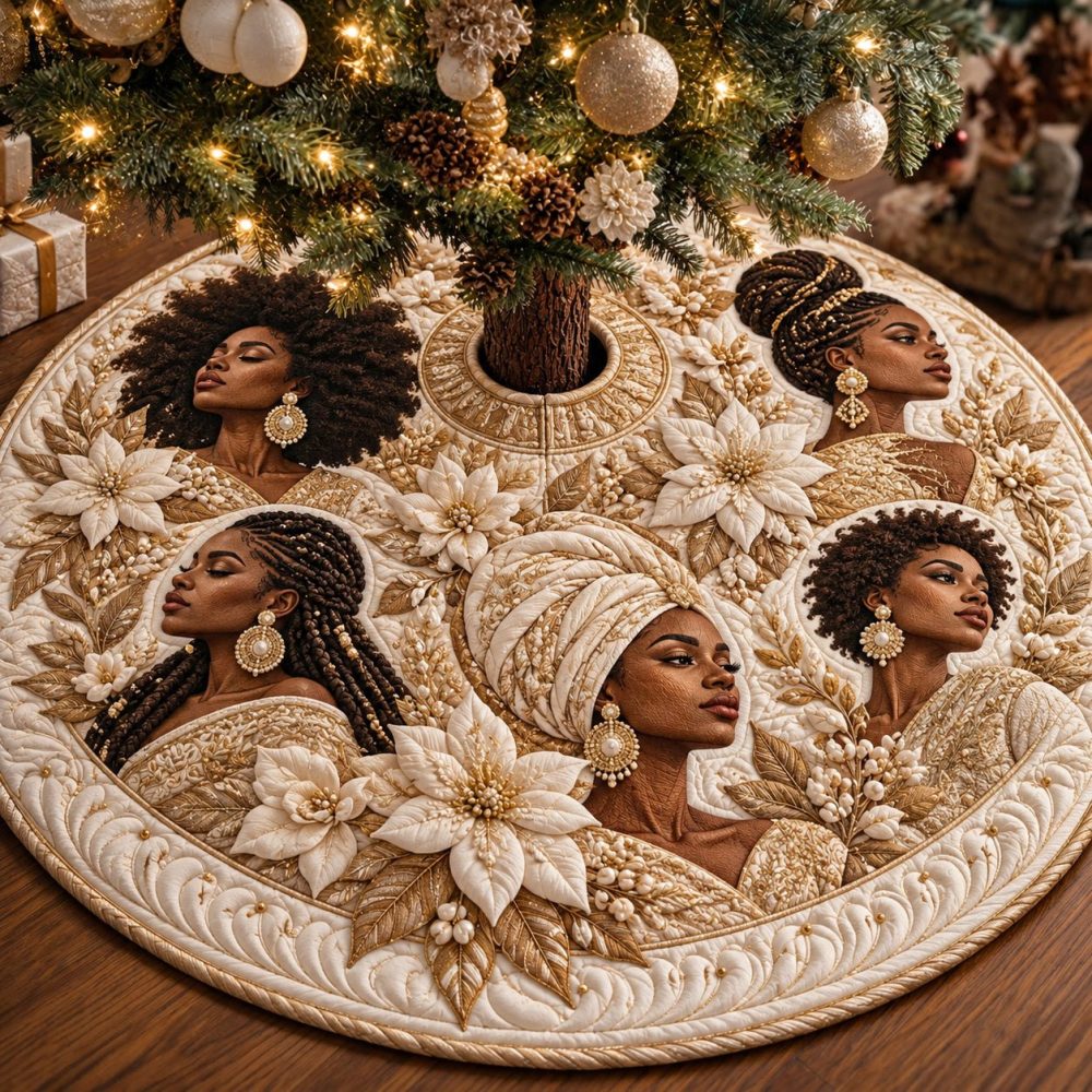 Cream Poinsettia Melanin Queens Tree Skirt — Custom Handmade Christmas Tree Base Cover, Elegant Diverse Holiday Décor, Made-To-Order