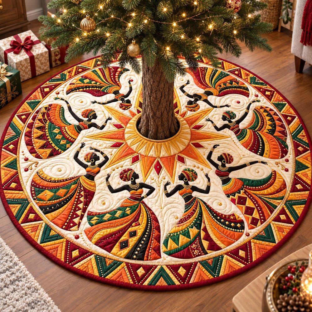 Sun Dancers Melanin Queens Tree Skirt — Custom Radiant Holiday Decor With Vibrant Motifs, Handcrafted Cultural Accent Piece