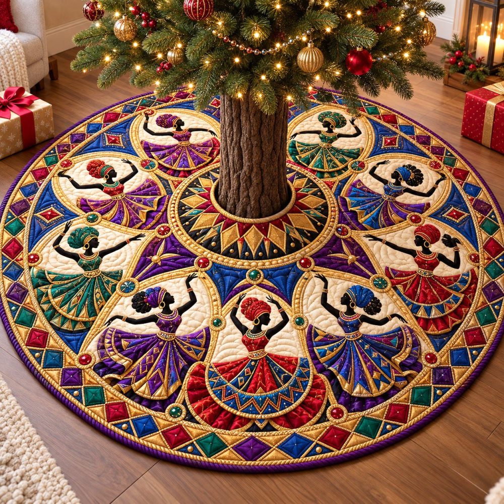 Purple Gown Melanin Queens Tree Skirt — Custom Regal Holiday Décor, Rich Purple Fabric & Gold Details, Handmade To Order