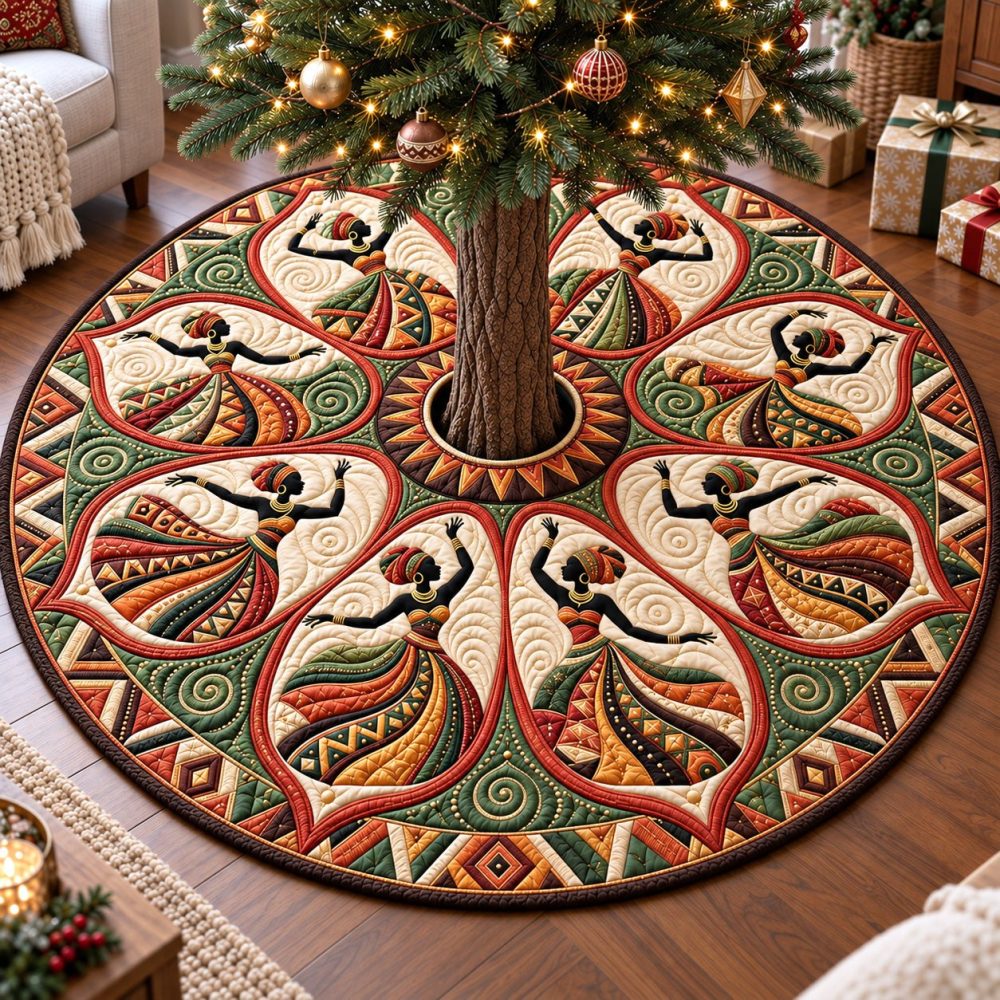 Emerald Dancers Melanin Queens Tree Skirt — Custom Vibrant Green Holiday Decor, Handcrafted With Cultural Motifs & Luxe Finish