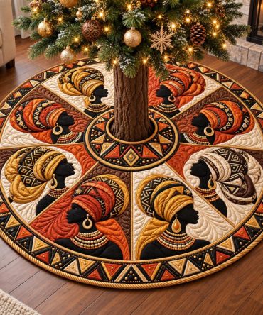 Headwrap Portraits Melanin Queens Tree Skirt — Custom Artistic Black Heritage Design, Handcrafted Holiday Statement Piece