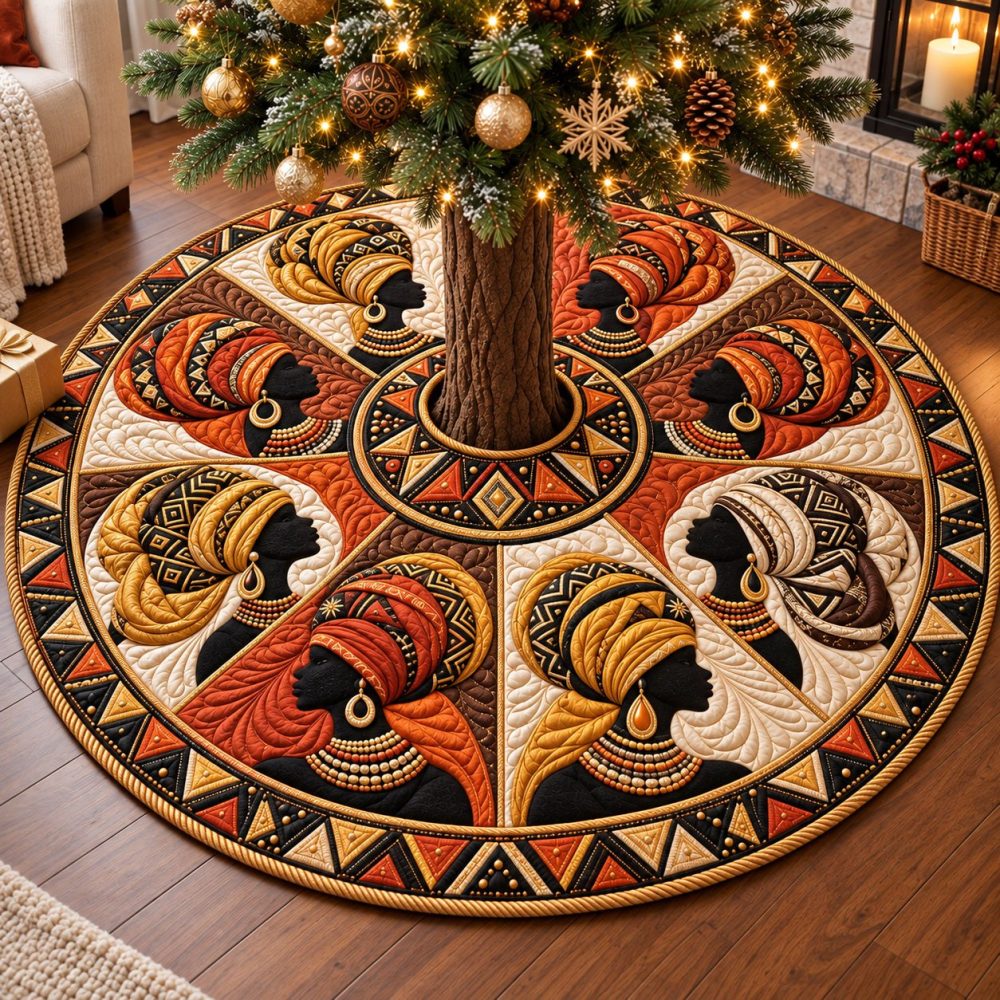 Headwrap Portraits Melanin Queens Tree Skirt — Custom Artistic Black Heritage Design, Handcrafted Holiday Statement Piece