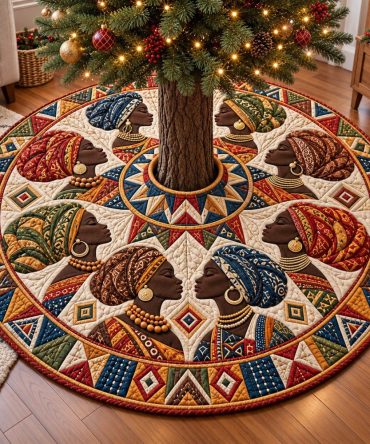 Cream Headwrap Melanin Queens Tree Skirt — Custom Cultural Holiday Décor, Soft Cream Fabric & Elegant Accents, Handmade