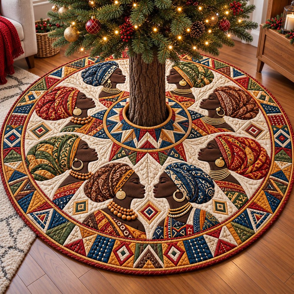 Cream Headwrap Melanin Queens Tree Skirt — Custom Cultural Holiday Décor, Soft Cream Fabric & Elegant Accents, Handmade