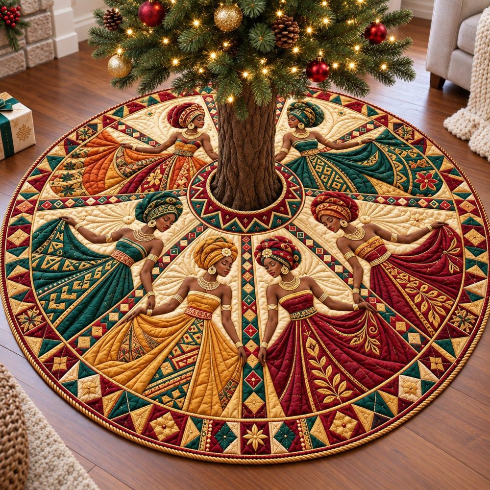 Golden Gown Melanin Queens Tree Skirt — Custom Black Heritage Christmas Decor, Luxe Gold Accents, Handmade To Order