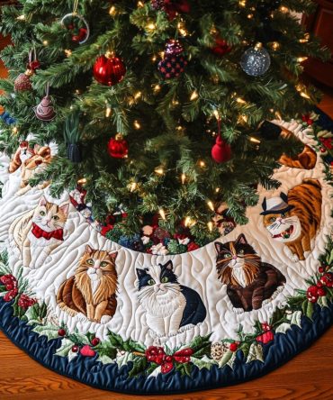 Meowy Christmas Cheer Custom Tree Skirt - Personalized Cat-Themed Holiday Skirt With Cheerful Cat Art, Handmade, Custom Sizes