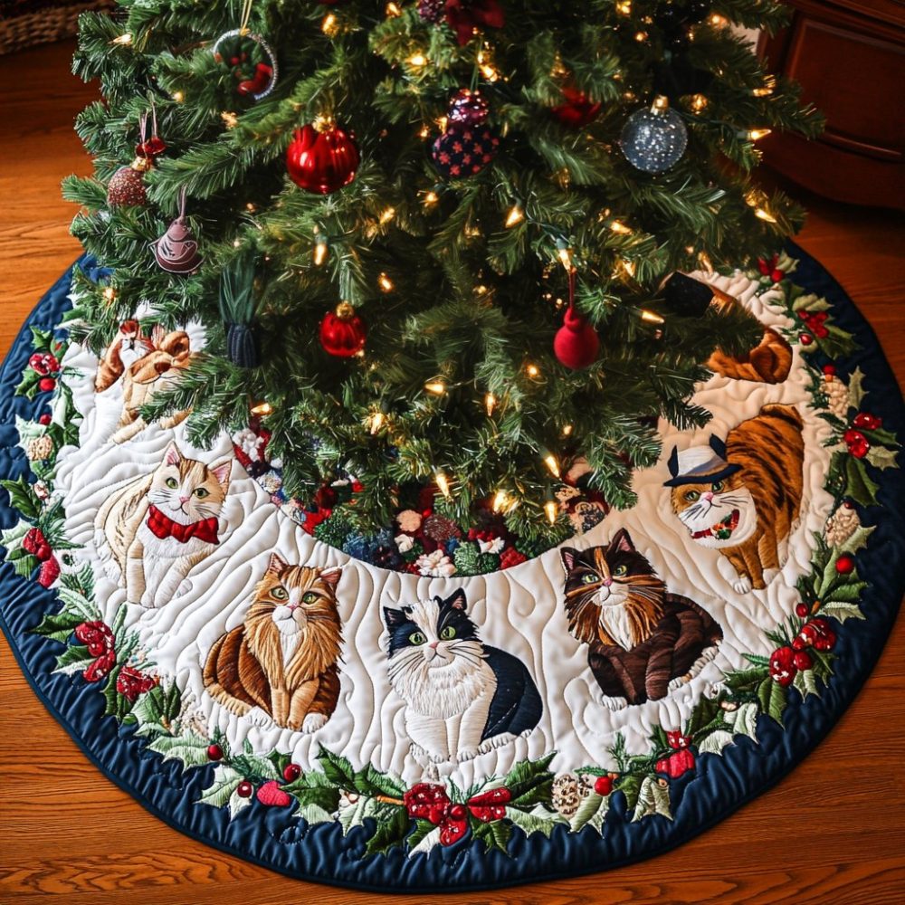 Meowy Christmas Cheer Custom Tree Skirt - Personalized Cat-Themed Holiday Skirt With Cheerful Cat Art, Handmade, Custom Sizes