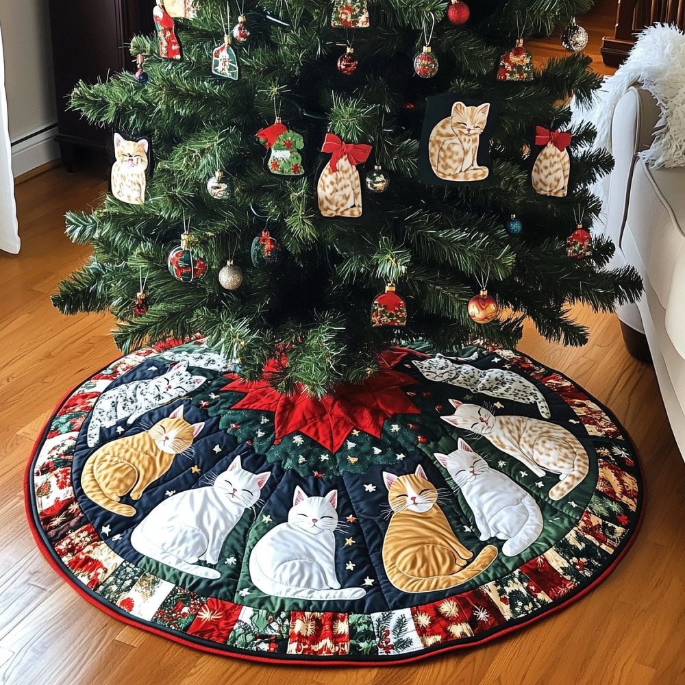 Meowy Personalized Cat Christmas Tree Skirt - Custom Handmade Holiday Tree Skirt With Cute Cat Puns, Multiple Sizes, Gift-Ready