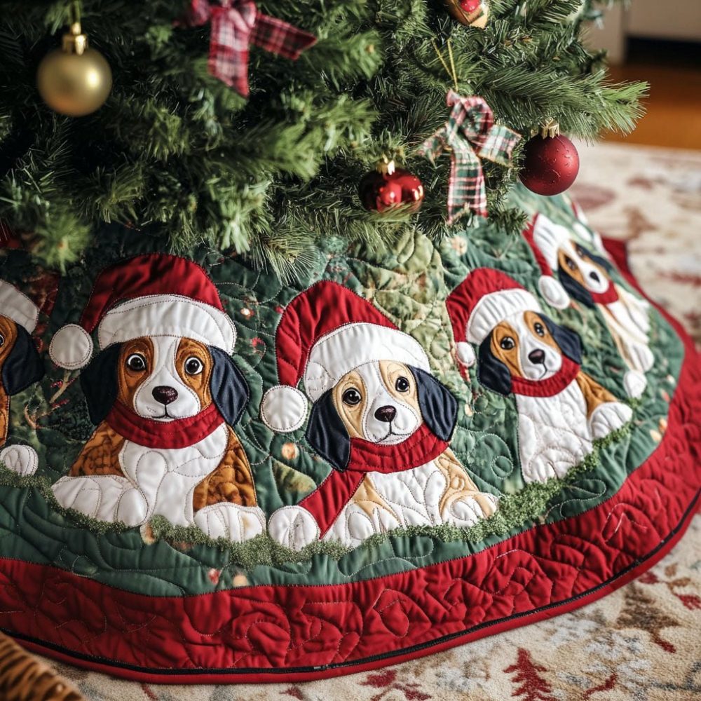 Personalized Merry Beagles Christmas Tree Skirt - Custom Holiday Tree Skirt Featuring Beagle Dog Design, Handmade, Giftable