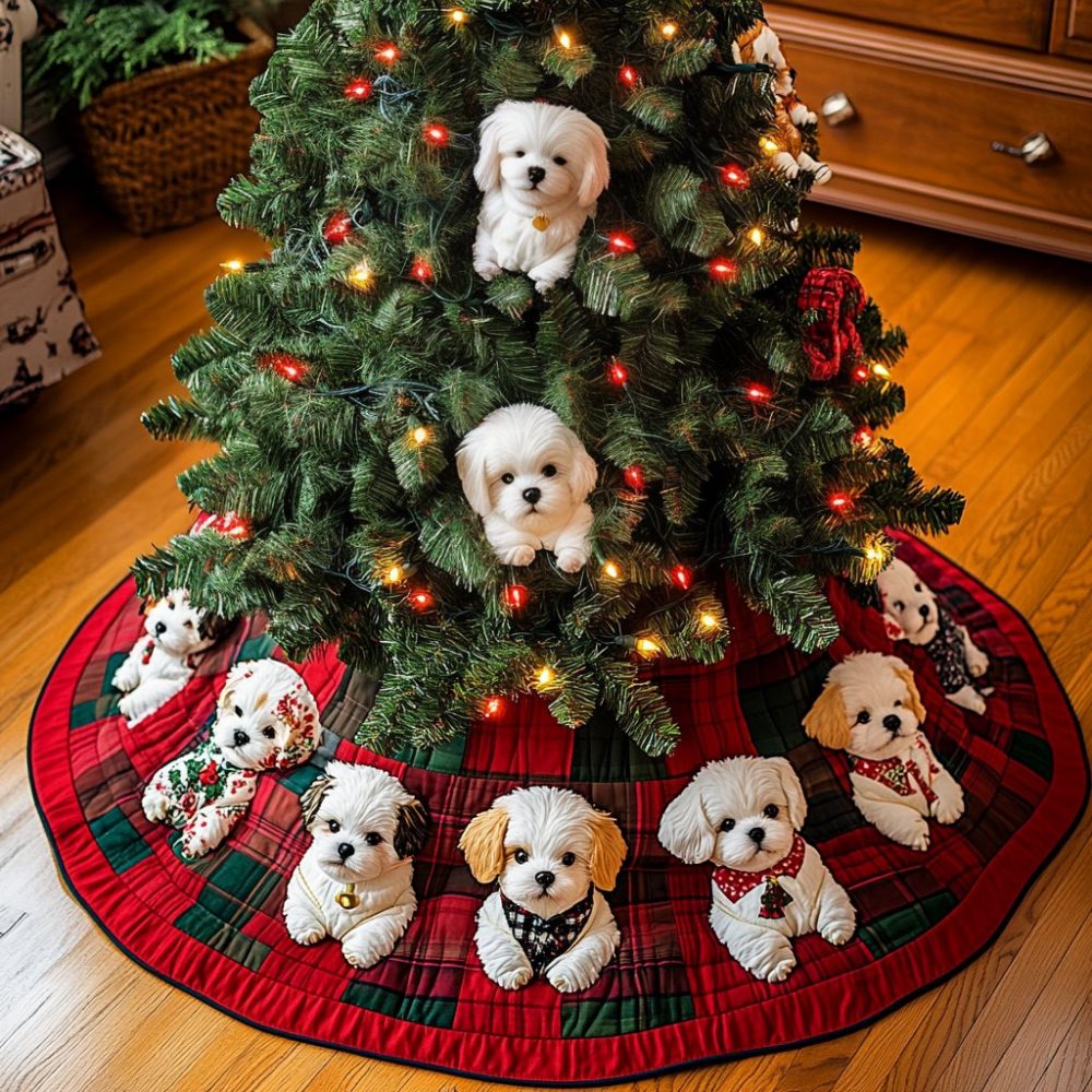 Custom Bichon Delight Christmas Tree Skirt - Personalized Holiday Skirt With Adorable Bichon Frise Design, Handmade
