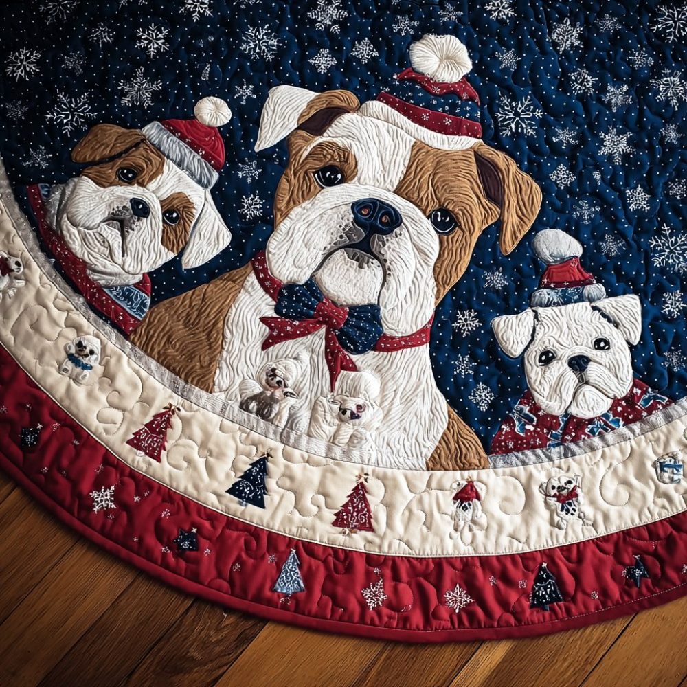 Handmade Merry Bulldog Christmas Tree Skirt - Personalized Holiday Tree Skirt With Cute Bulldog Illustration, Custom Sizes