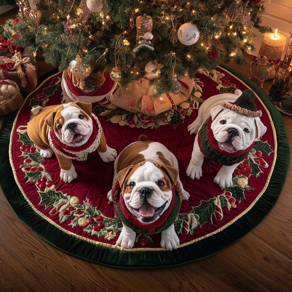 Custom Bulldog Night Holiday Tree Skirt - Personalized Christmas Skirt With Nighttime Bulldog Print, Handmade, Sizes