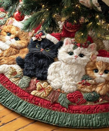 Custom Cat Magic Christmas Tree Skirt - Personalized Holiday Tree Skirt With Enchanted Cat Artwork, Handmade