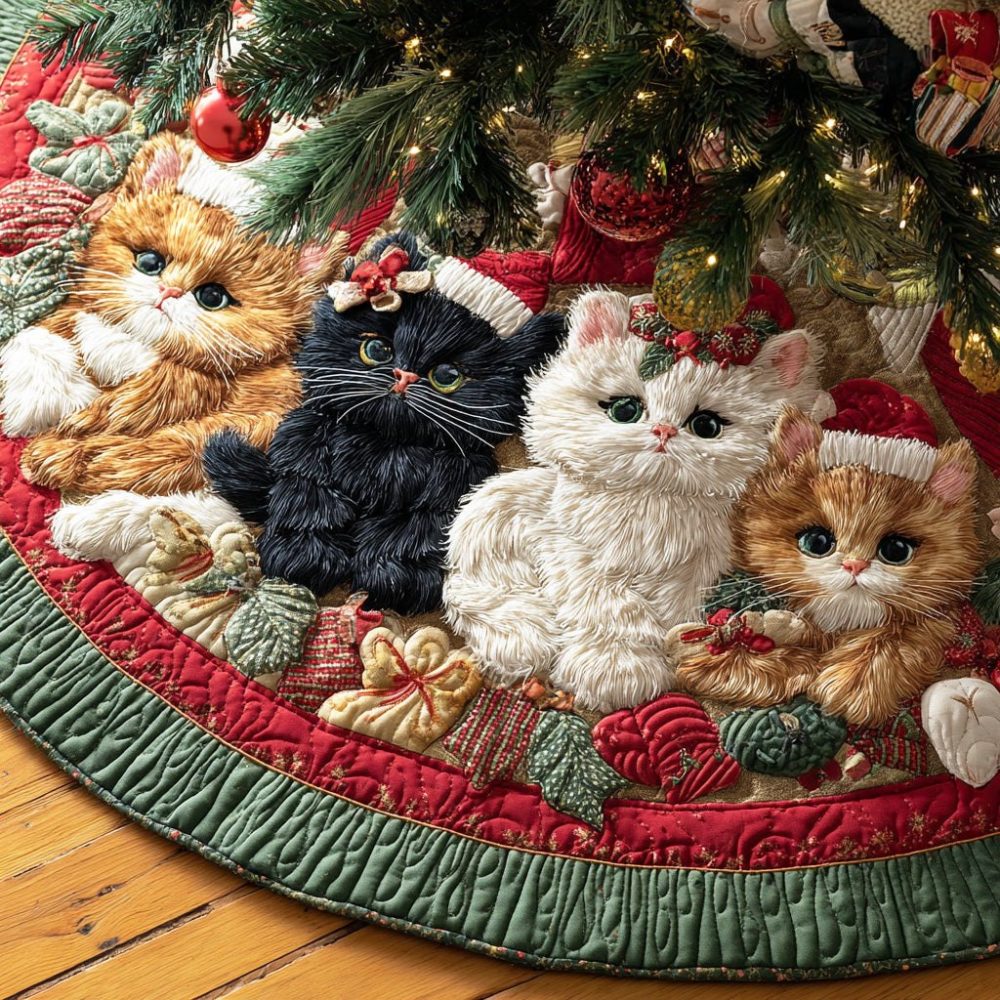 Custom Cat Magic Christmas Tree Skirt - Personalized Holiday Tree Skirt With Enchanted Cat Artwork, Handmade