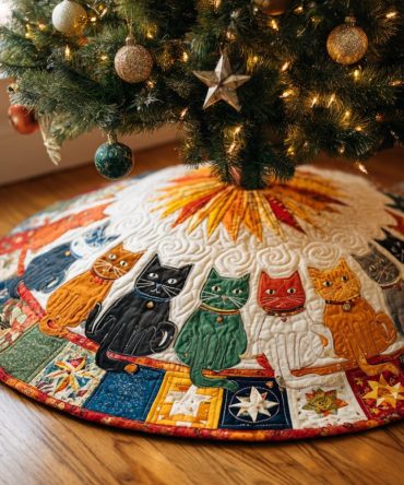 Personalized Merry Cat Holiday Tree Skirt - Handmade Custom Christmas Tree Skirt With Festive Cat Design, Multiple Sizes