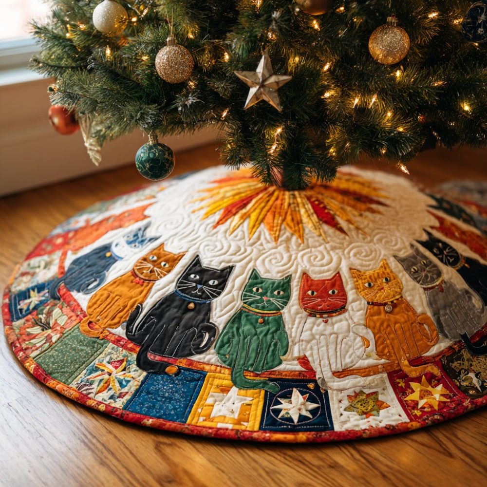 Personalized Merry Cat Holiday Tree Skirt - Handmade Custom Christmas Tree Skirt With Festive Cat Design, Multiple Sizes