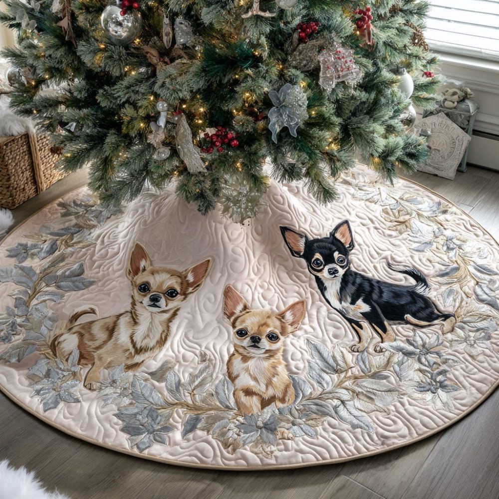 Personalized Chihuahua Christmas Tree Skirt — Custom Tiny Dog Holiday Skirt, Handmade Pet Name Option, Durable Felt Design
