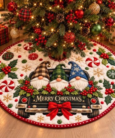 Gnome Truck Merry Christmas Tree Skirt — Festive Quilted Skirt With Vintage Truck & Gnomes, Handmade, Custom Sizes