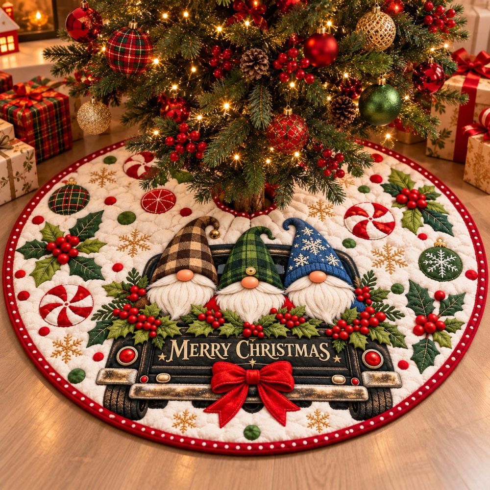 Gnome Truck Merry Christmas Tree Skirt — Festive Quilted Skirt With Vintage Truck & Gnomes, Handmade, Custom Sizes