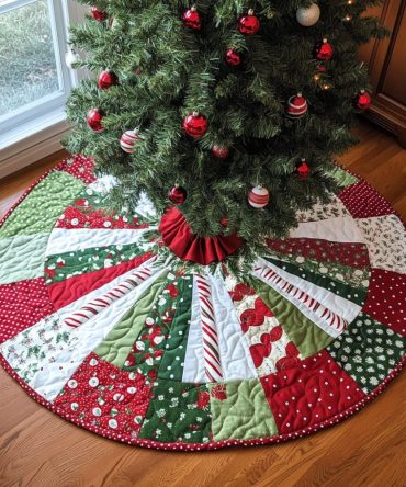 Candy Cane Pinwheel Christmas Tree Skirt — Custom Wedge Pinwheel Design, Handmade Festive Skirt, Personalized Holiday Mat