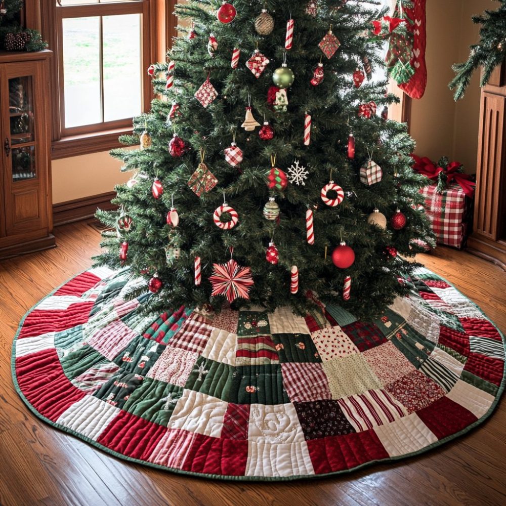 Peppermint Patch Wheel Christmas Tree Skirt — Custom Candy Stripe Holiday Skirt, Handmade Festive Mat, Personalized Options