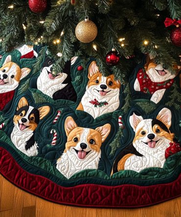 Corgi Glow Holiday Tree Skirt — Custom Glowing Accents, Personalized Corgi Design, Handmade Festive Skirt In Multiple Sizes