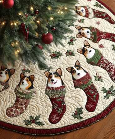 Corgi Magic Christmas Tree Skirt — Custom Handmade Corgi Holiday Skirt, Personalized Pet Name, Cute Lowrider Dog Design