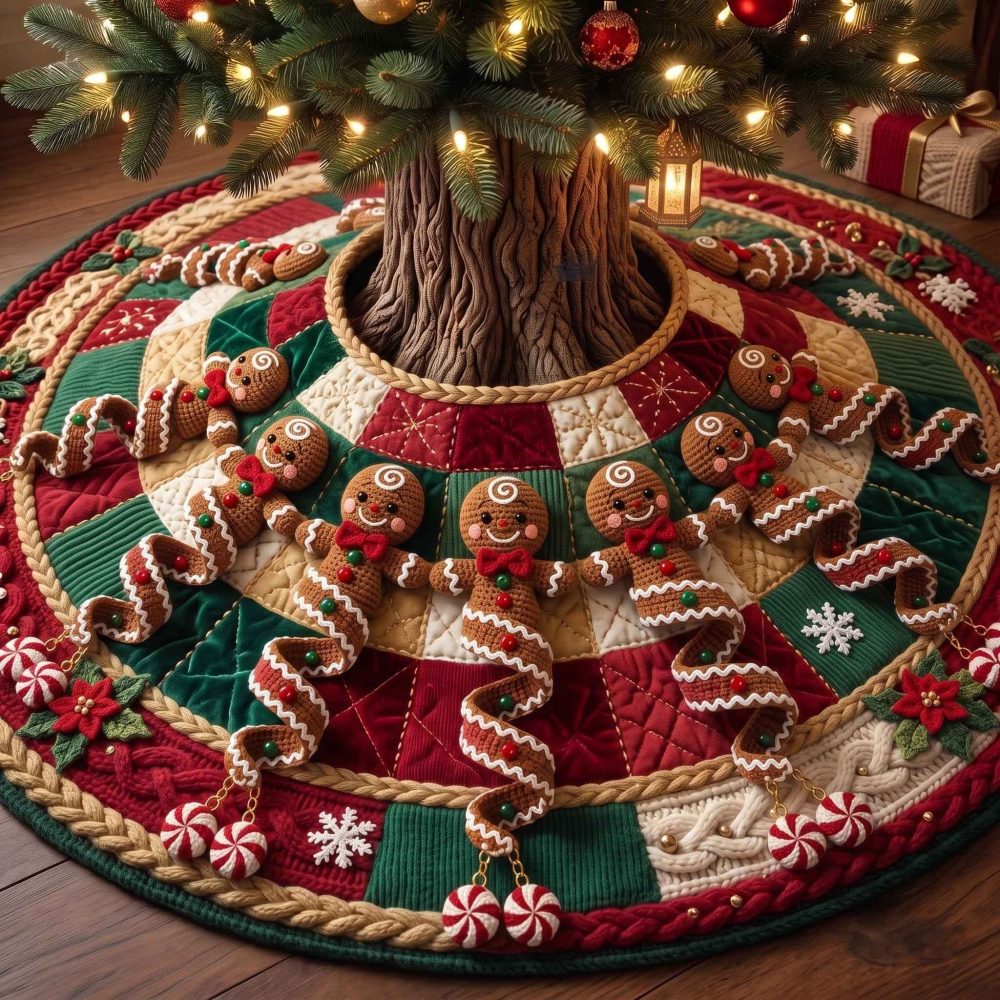Gingerbread & Peppermint Christmas Tree Skirt — Custom Sweet Treat Holiday Skirt With Candy Motifs, Handcrafted